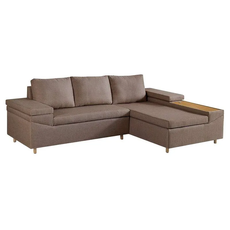 Sofá com Chaise Direito Estofart Clássico 4 Lugares Madeira Maciça Linho Marrom com USB