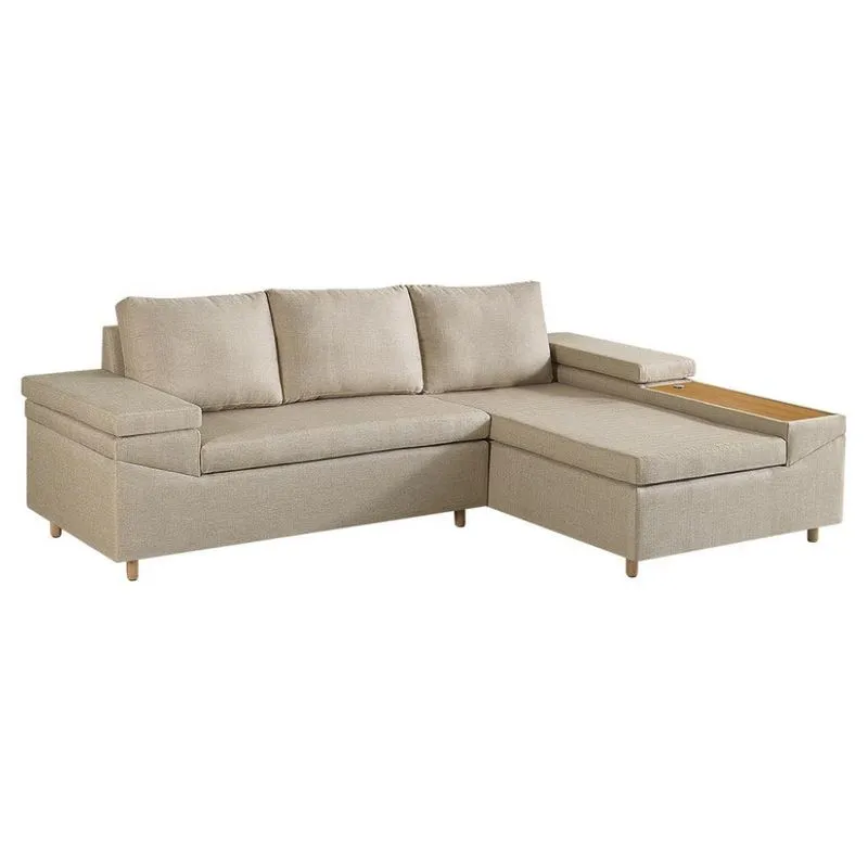 Sofá com Chaise e USB Estofart Clássico Madeira Maciça Linho Bege