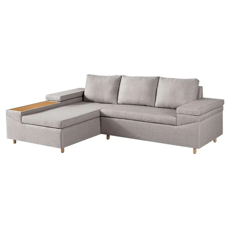 Sofá com Chaise Esquerdo Clássico 4 Lugares Madeira Maciça Linho Palha