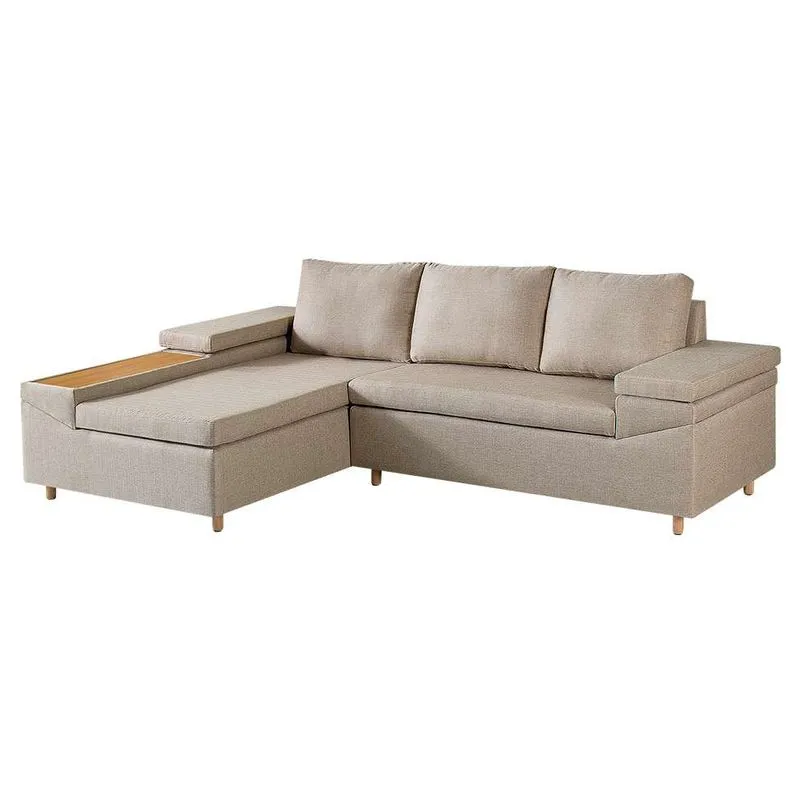 Sofá com Chaise Esquerdo Clássico 4 Lugares Madeira Maciça Linho Bege
