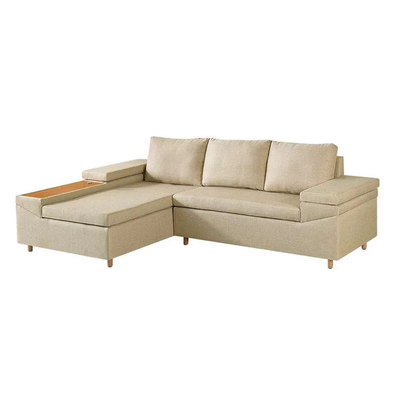 Sofá com Chaise Esquerdo e USB Clássico Madeira Maciça Linho Bege 4 Lugares