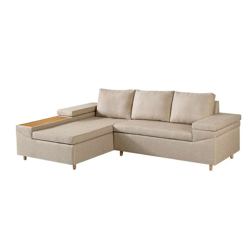 Sofá com Chaise Esquerdo e USB Clássico Madeira Maciça Linho Bege