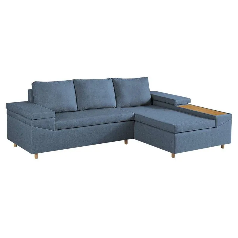 Sofá com Chaise Direito Clássico 4 Lugares Madeira Maciça Linho Azul