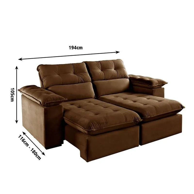 Sofá Retrátil e Reclinável Jobi 3 Lugares com USB Veludo Marrom 194 cm