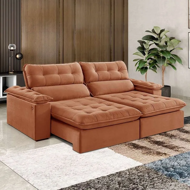 Sofá 4 Lugares Retrátil e Reclinável Jobi com USB Veludo Terracota 254 cm