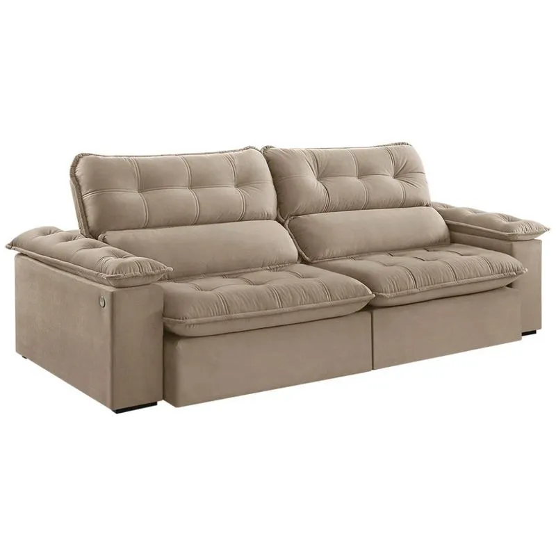 Sofá Retrátil e Reclinável Estofart Jobi Veludo Bege 4 Lugares 254 cm com USB