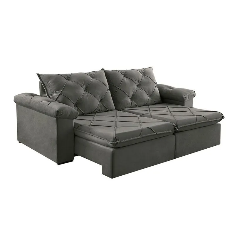 Sofá Retrátil e Reclinável Estofart Astor Veludo Cinza Escuro 202 cm