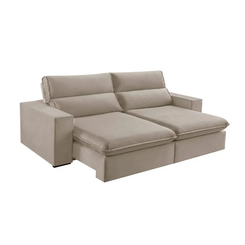 Sofá Retrátil e Reclinável Estofart Free 3 Lugares Veludo Bege 230cm