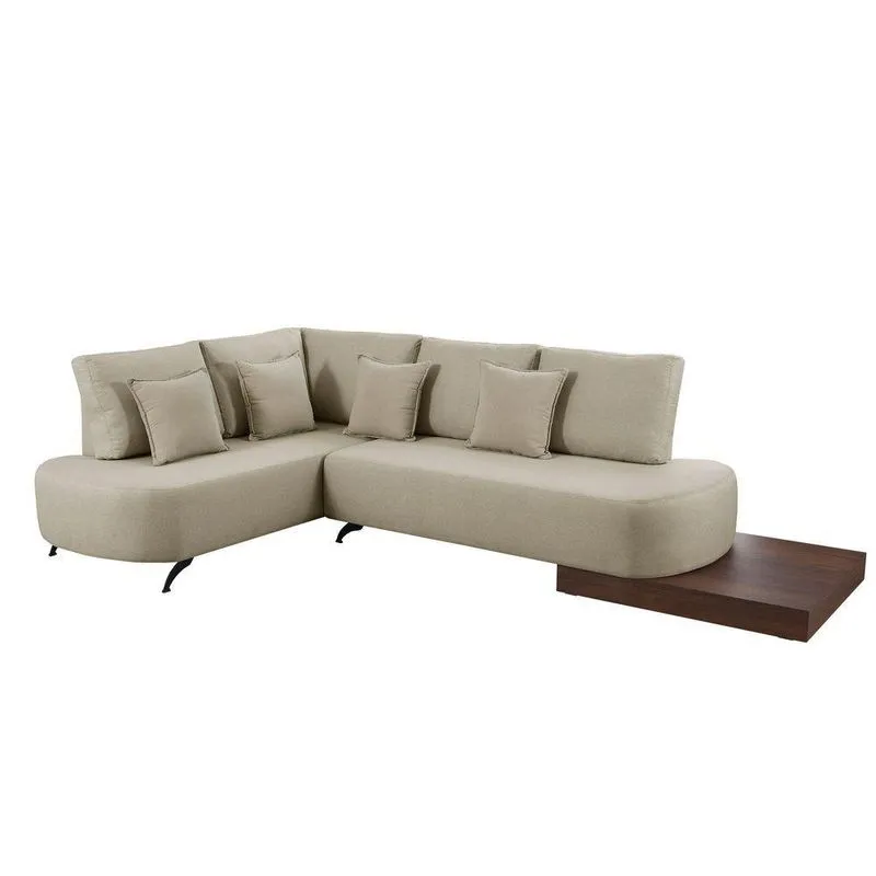 Sofá De Canto Nori Curva Ld 2,61m Em Linho Com Base Madeira Cor Creme 2321