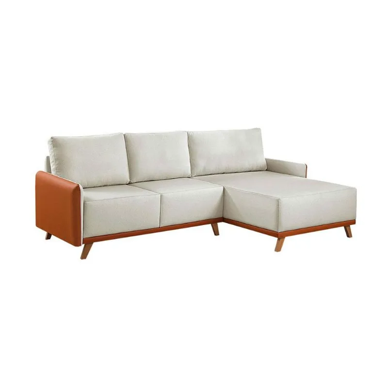 Sofá 5 Lugares Geribá com Chaise Direito Linho Bege e Caramelo