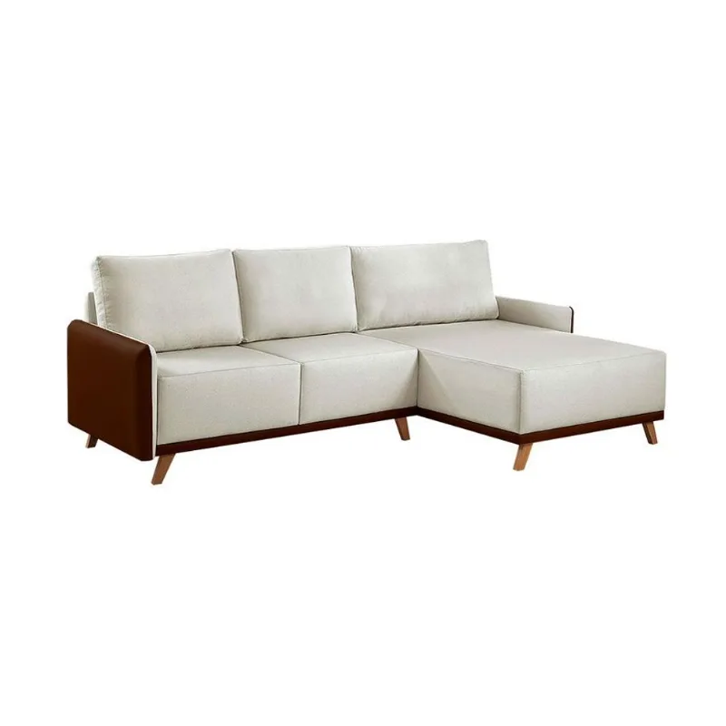 Sofá 5 Lugares Geribá com Chaise Direito Linho Bege e Marrom