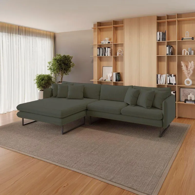 Sofá Jade Com Chaise Lateral Esquerda 2,84m Em Linho Cor Verde 2562