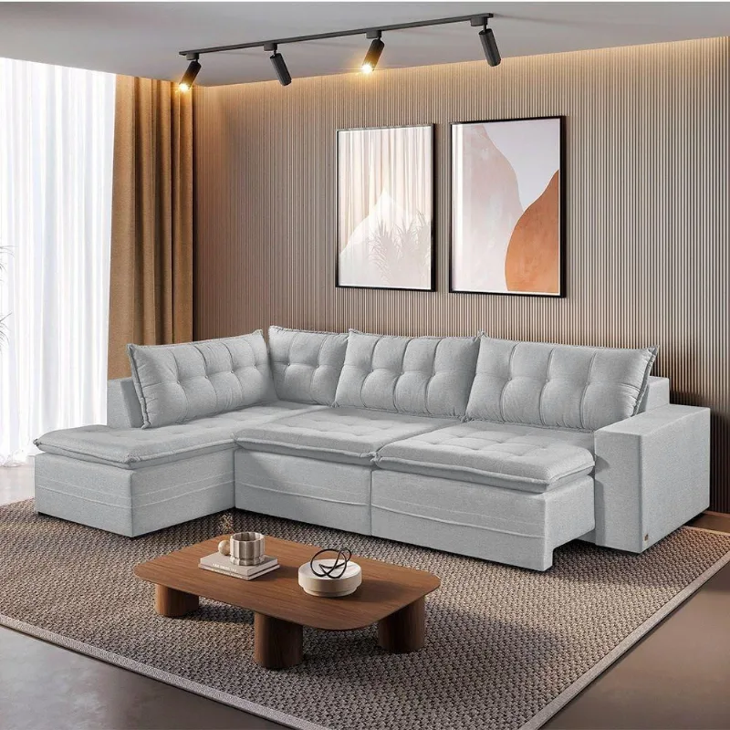 Sofá Retratil Com Chaise Esquerda Titan 4 Lugares 2,56m Tecido Linho Cor Gelo 2322