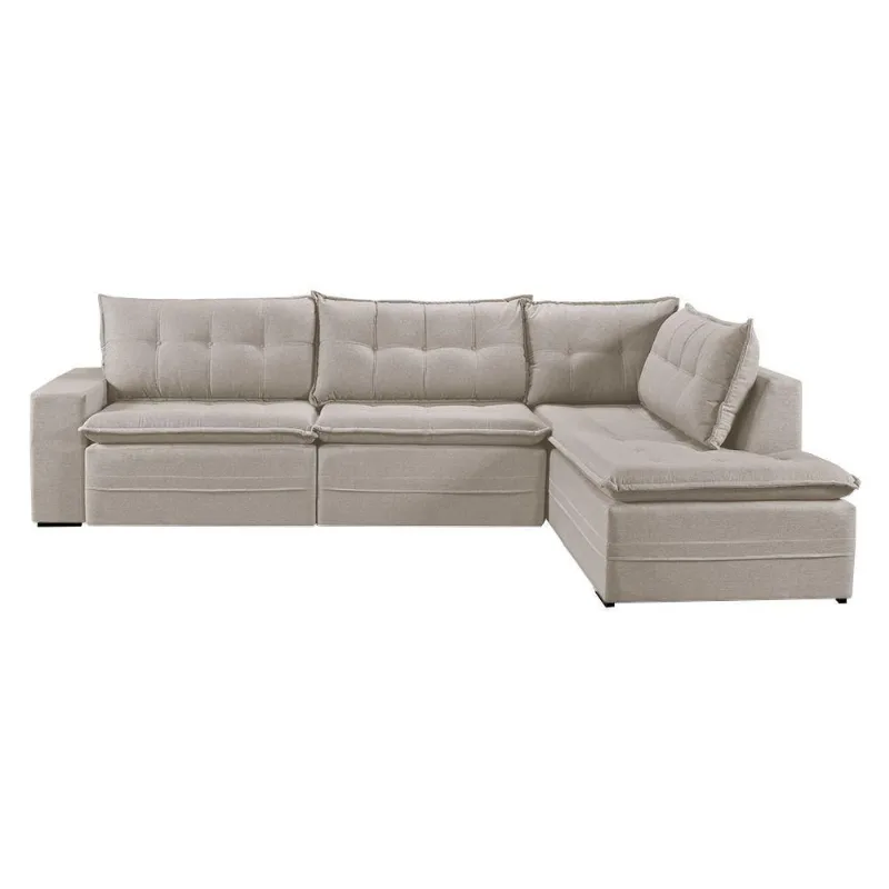 Sofá Retratil Com Chaise Direita Titan 6 Lugares 2,96m Tecido Linho Cor Cru 2320