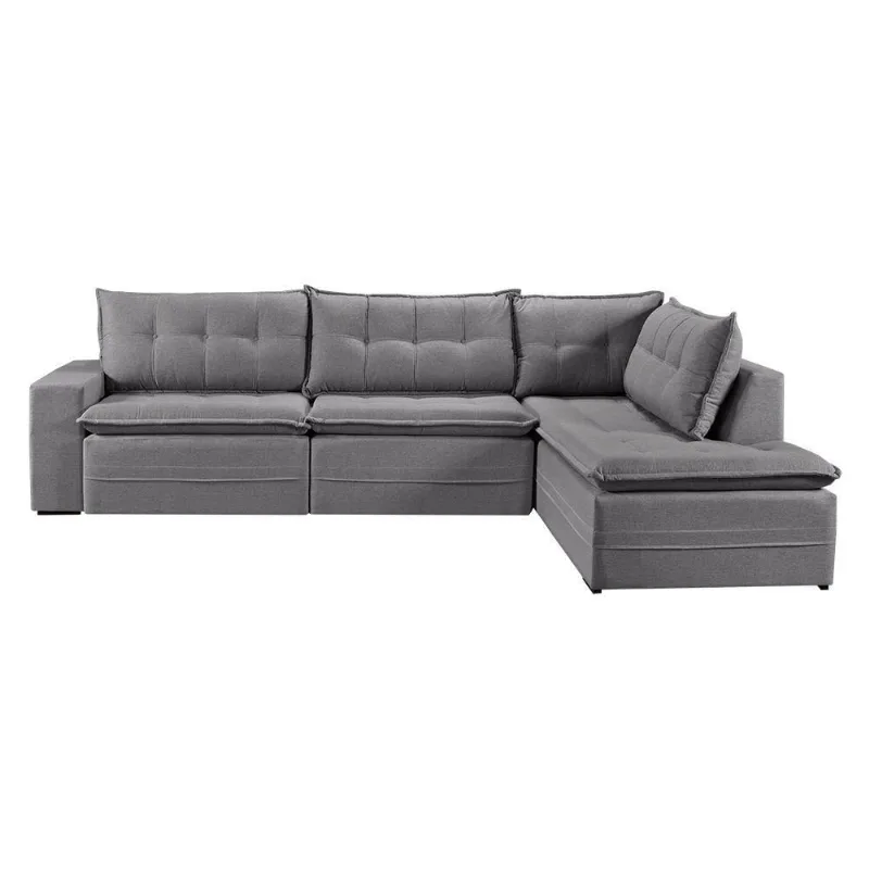 Sofá Retratil Com Chaise Direita Titan 6 Lugares 2,96m Tecido Linho Cor Cinza 2323