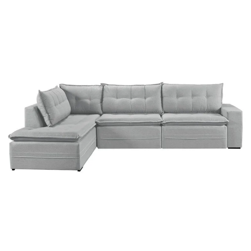 Sofá Retratil Com Chaise Esquerda Titan 6 Lugares 2,96m Tecido Linho Cor Gelo 2322