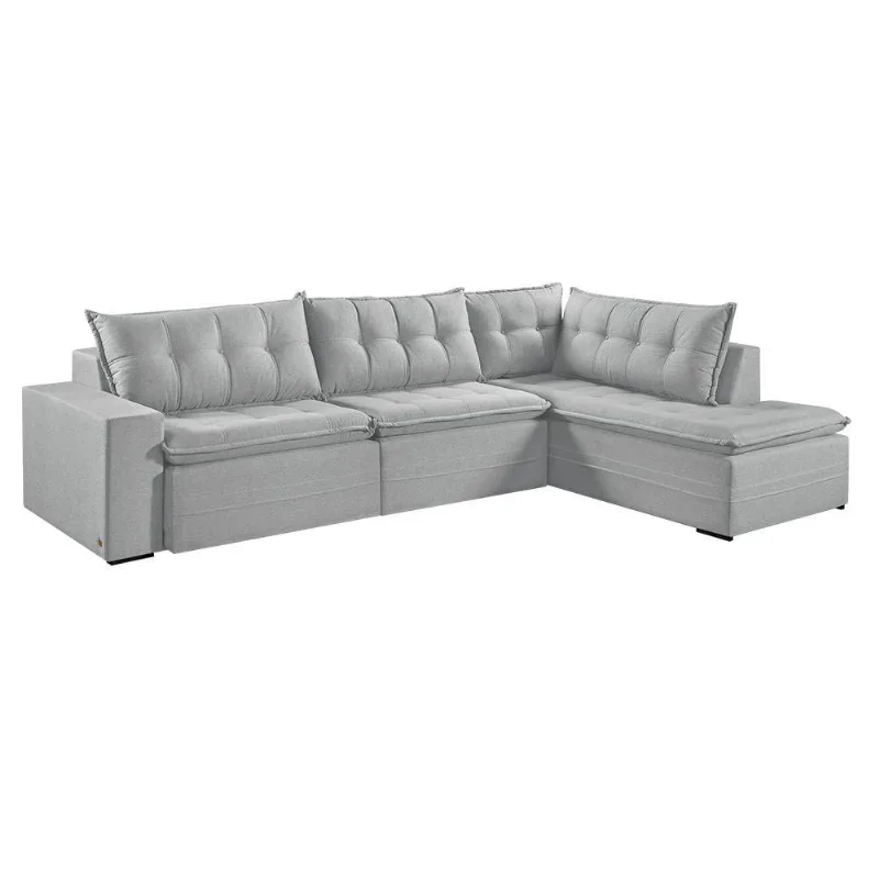 Sofá Retratil Com Chaise Direita Titan 6 Lugares 3,16m Tecido Linho Cor Gelo 2322