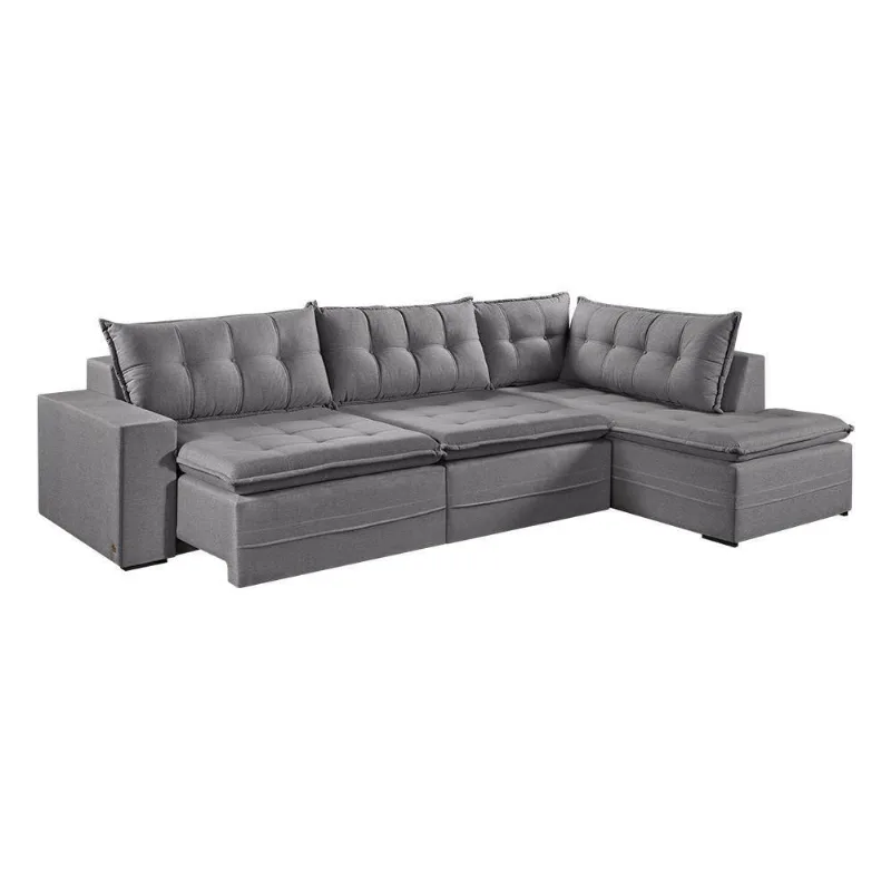 Sofá Retratil Com Chaise Direita Titan 6 Lugares 3,16m Tecido Linho Cor Cinza 2323
