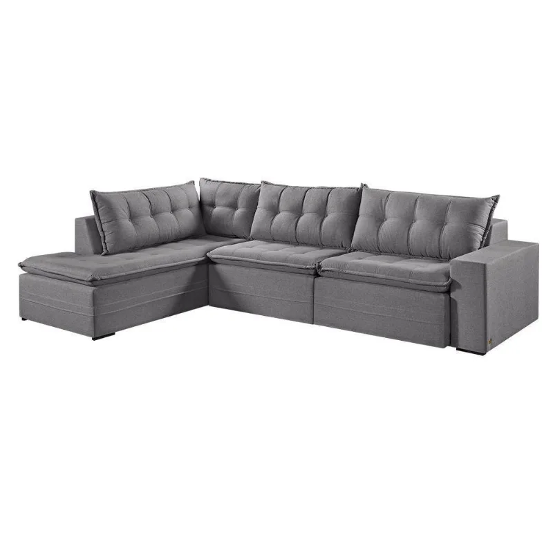 Sofá Retratil Com Chaise Esquerda Titan 6 Lugares 3,16m Tecido Linho Cor Cinza 2323