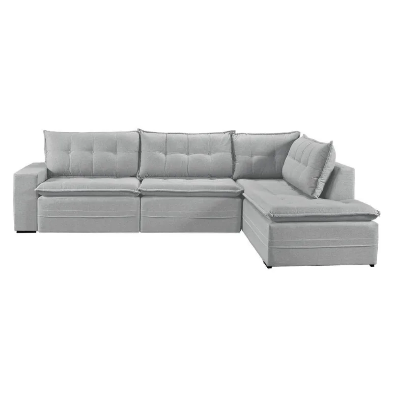 Sofá Retratil Com Chaise Direita Titan 7 Lugares 3,56m Tecido Linho Cor Gelo 2322