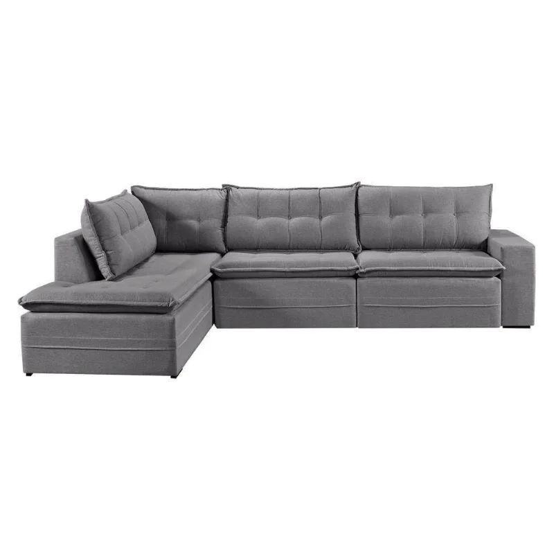 Sofá Retratil Com Chaise Esquerda Titan 7 Lugares 3,56m Tecido Linho Cor Cinza 2323