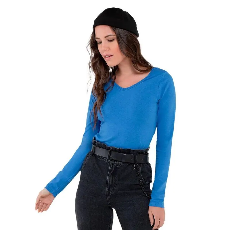 Blusa Feminina Básica Manga Longa Gola V Premium Branca Blusa Básica Manga Longa Gola V