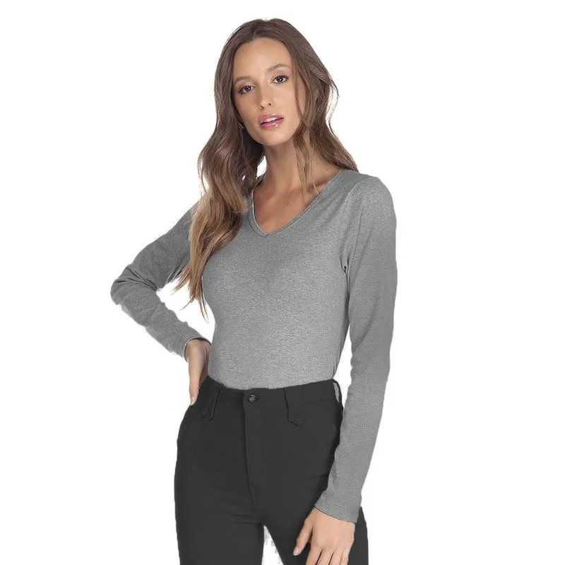 Blusa Feminina Básica Manga Longa Gola V Premium Branca Blusa Básica Manga Longa Gola V