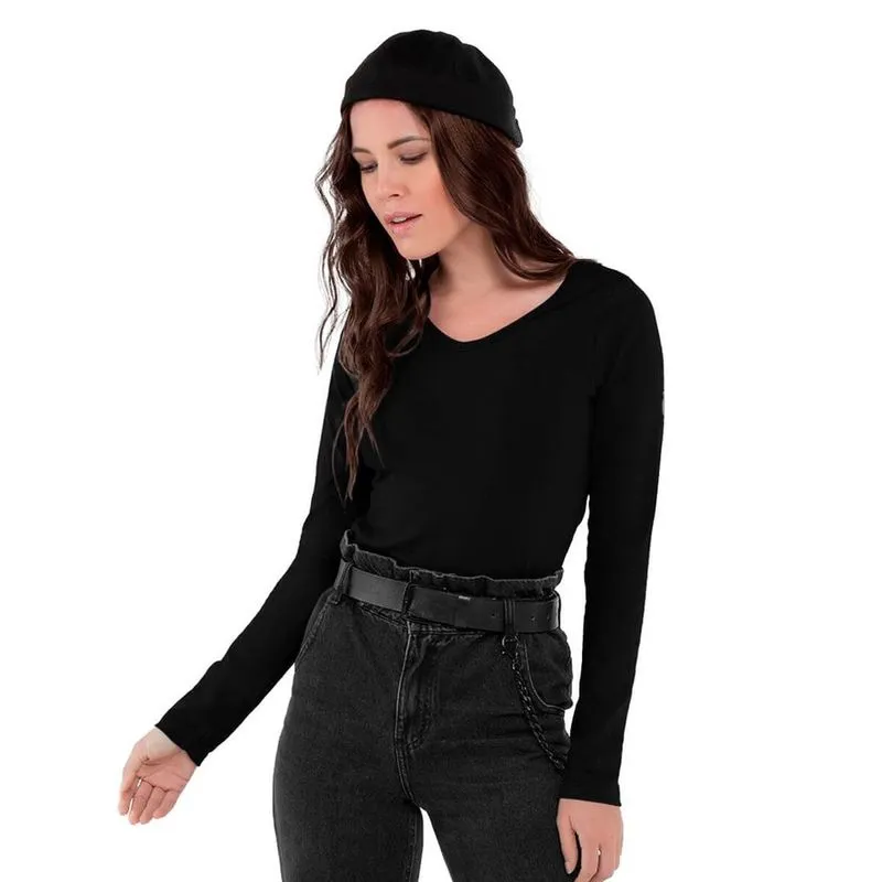 Blusa Feminina Básica Manga Longa Gola V Premium Branca Blusa Básica Manga Longa Gola V
