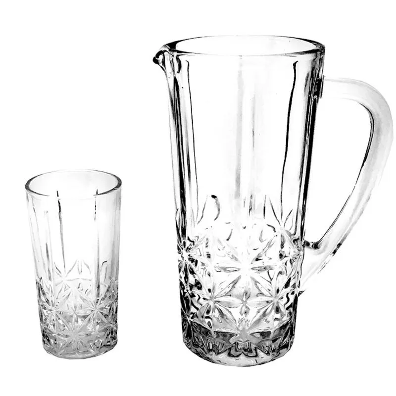 Kit 1 Jarra de Vidro c/ alça 1L + Jogo de 6 Copos Decorado 270ml Utensílios Cozinha Sucos Água Refrescos Refrigerante Decoração Drinks Bebidas Bar Mesa Posta Louças