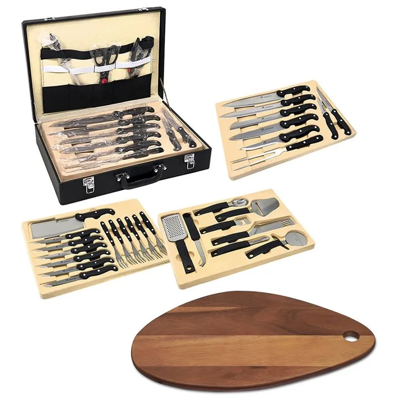 Kit Churrasco Facas + Tesouras + Afiador + Tabua de Madeira