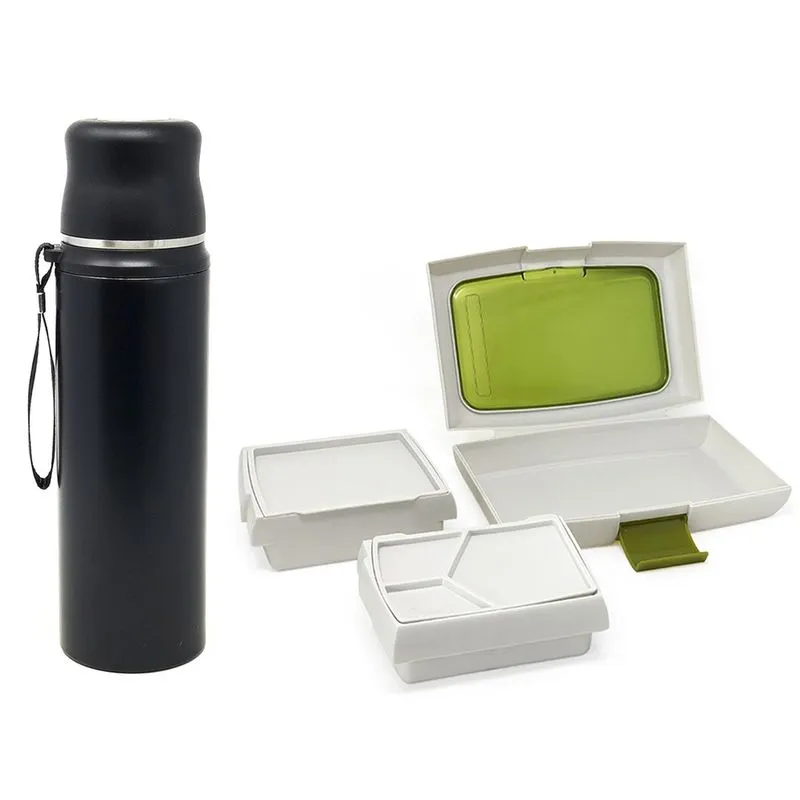 Kit Marmiteiro com Divisórias + Garrafa Térmica Quente e Frio