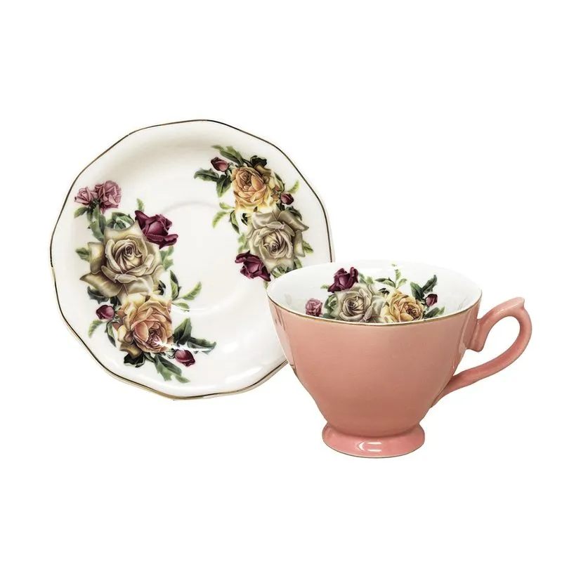 Jogo 6 Xícaras de Chá c/ Pires 200ml em Cerâmica Importada Premium Rosa Floral 12pçs