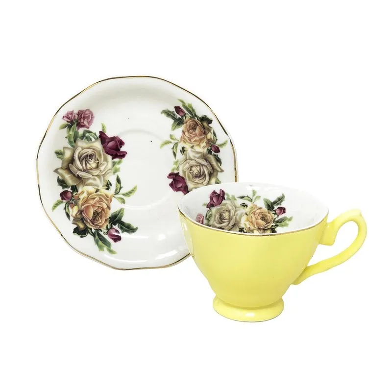 Jogo 6 Xícaras de Chá c/ Pires 200ml Cerâmica Importada Premium Amarelo Floral Presente Café Louças 12pçs