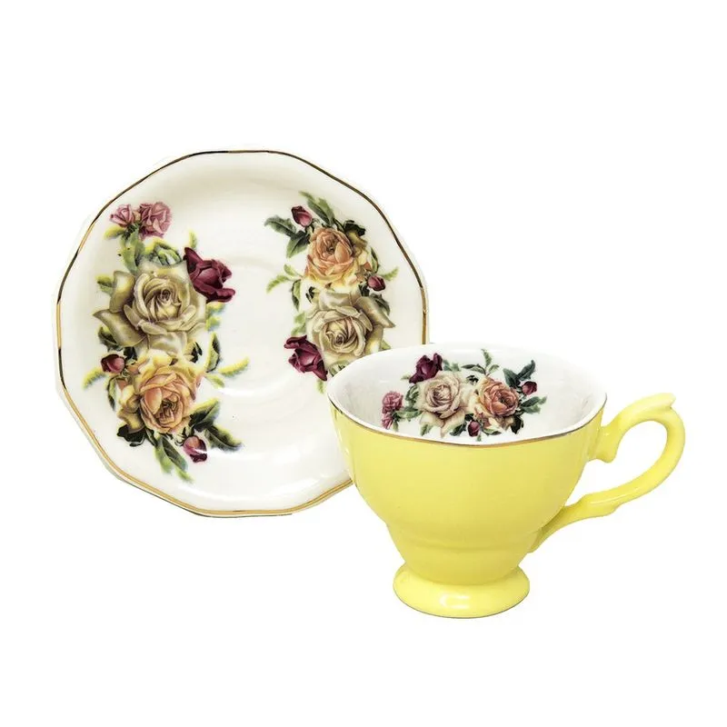 Jogo 6 Xícaras de Café c/ Pires 100ml Amarelo Floral Cerâmica Importada Premium Chá Presente Bebidas Louças 12pçs