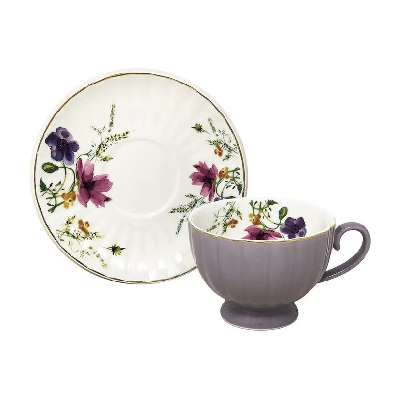 Jogo 6 Xícaras de Chá 220ml c/ Pires Lilás Floral em Cerâmica Importada Premium Luxo Elegante Café 12pçs