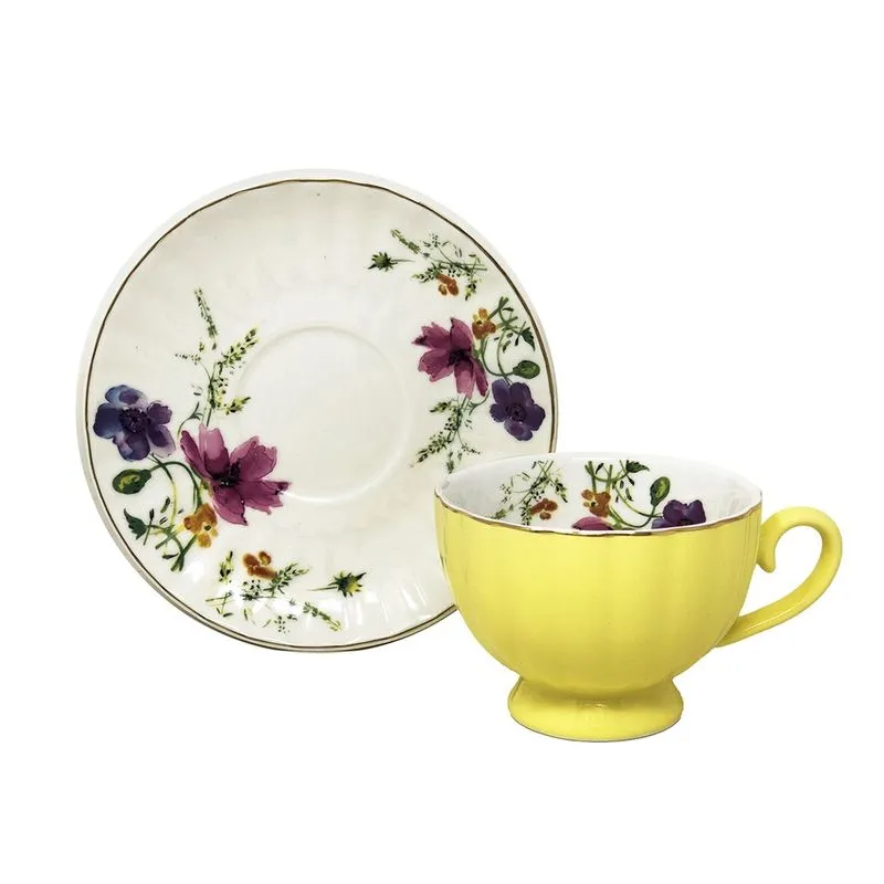 Jogo 6 Xícaras De Chá 220ml c/ Pires Amarelo Floral Cerâmica Importada Premium Luxo Elegante Café 12pçs