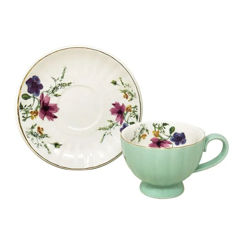 Jogo 6 Xícaras de Café 100ml c/ Pires Verde Floral Cerâmica Premium Luxo Chá Cozinha Louças 12pçs