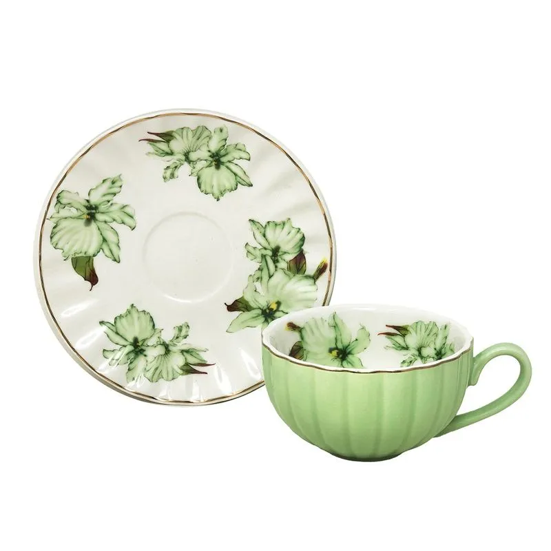 Jogo 6 Xícaras De Chá c/ Pires 220ml Cerâmica Premium Café Cozinha Louças Verde Floral 12pçs