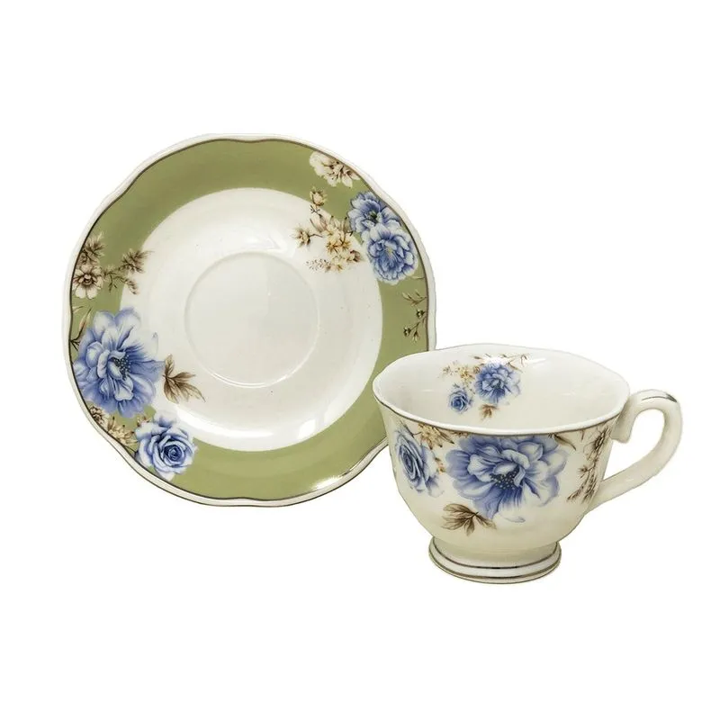 Jogo 6 Xícaras de Café 100ml com Pires Floral Cerâmica Importada Premium Luxo Louças Presente 12pçs