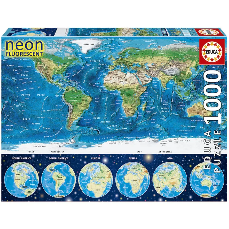 Puzzle 1000 peças Mapa-Mundi Físico Neon - Educa - Importado Quebra-Cabeça 1000 peças Mapa-Mundi Físico Neon - Educa - Importado