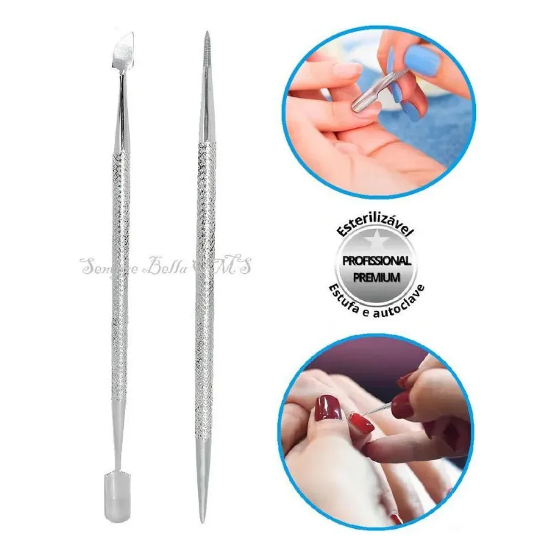 Kit 1 Espatula + 1 Palito Cutícula Aço Inox Ponta Dupla De U