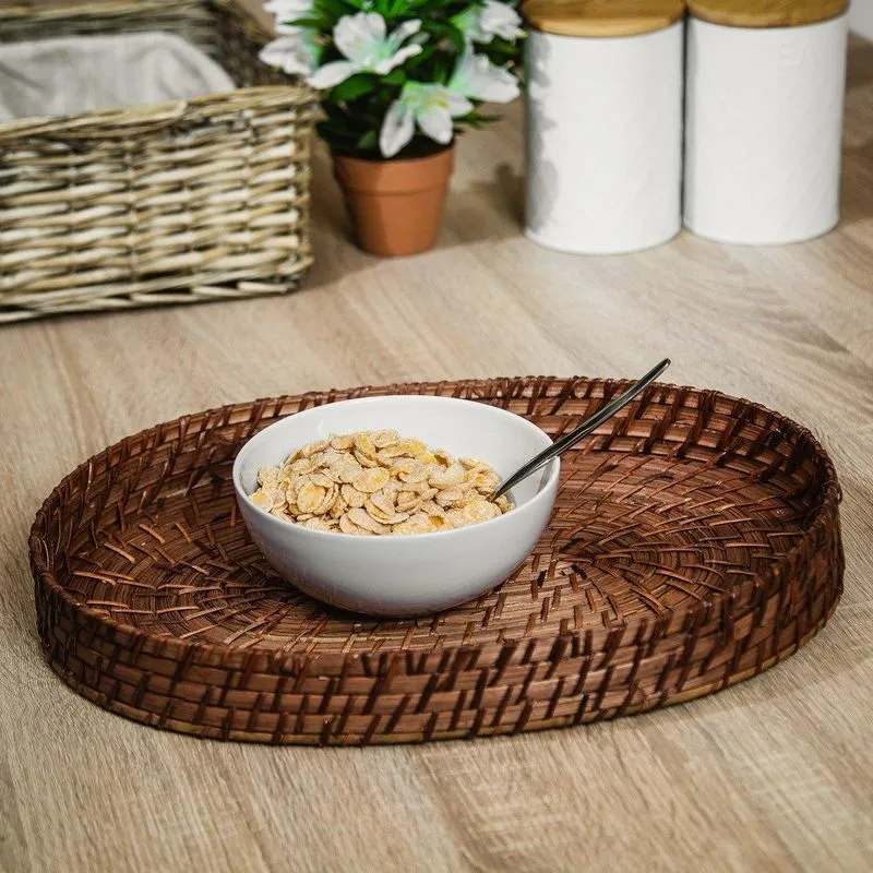 Bandeja Oval de Bambu Bege 29x40cm