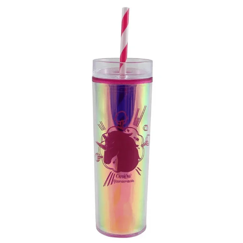 Copo Reto com Canudo Unicórnio Fofinho 450ml Rosa