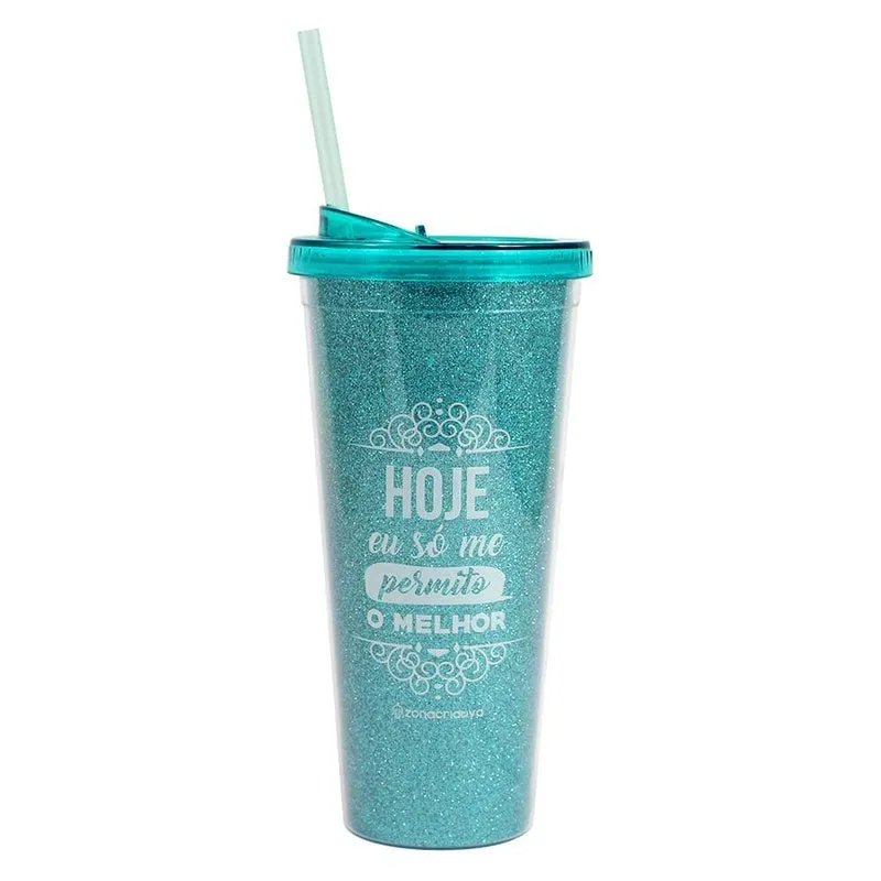 Copo Alto Com Canudo Glitter Permito O Melhor 650Ml