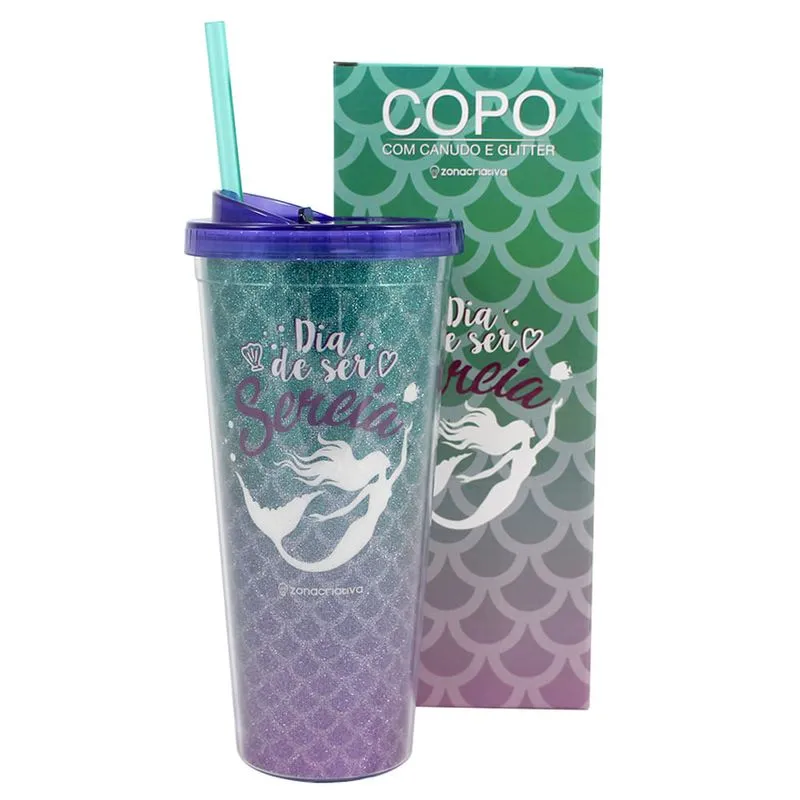 Copo canudo glitter ser sereia