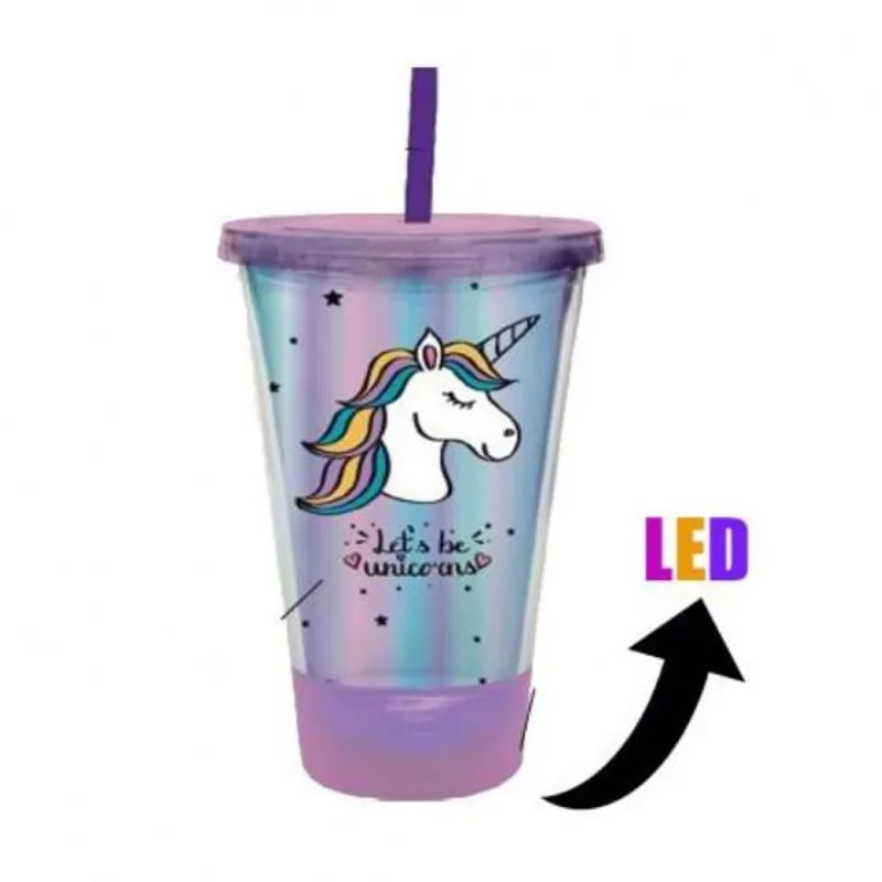 Copo com Canudo e Led 500ml Unicórnio Galáxia