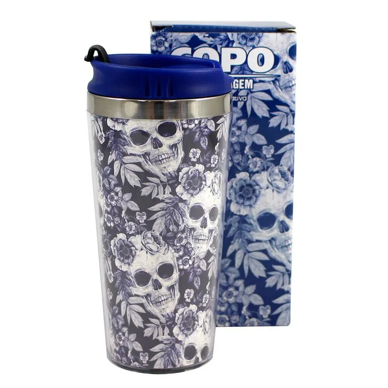Copo viagem caveira e flores