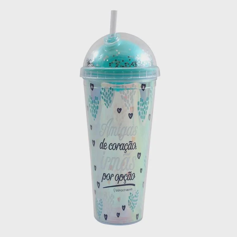 Copo Canudo 750ml Holográfico Tampa Redonda Amigas Irmãs