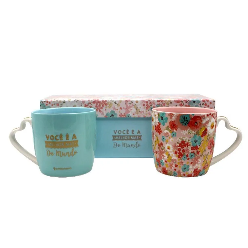 Kit 2 Canecas C/ Alça Coração Zona Criativa Mãe Melhor Do Mundo 300ML