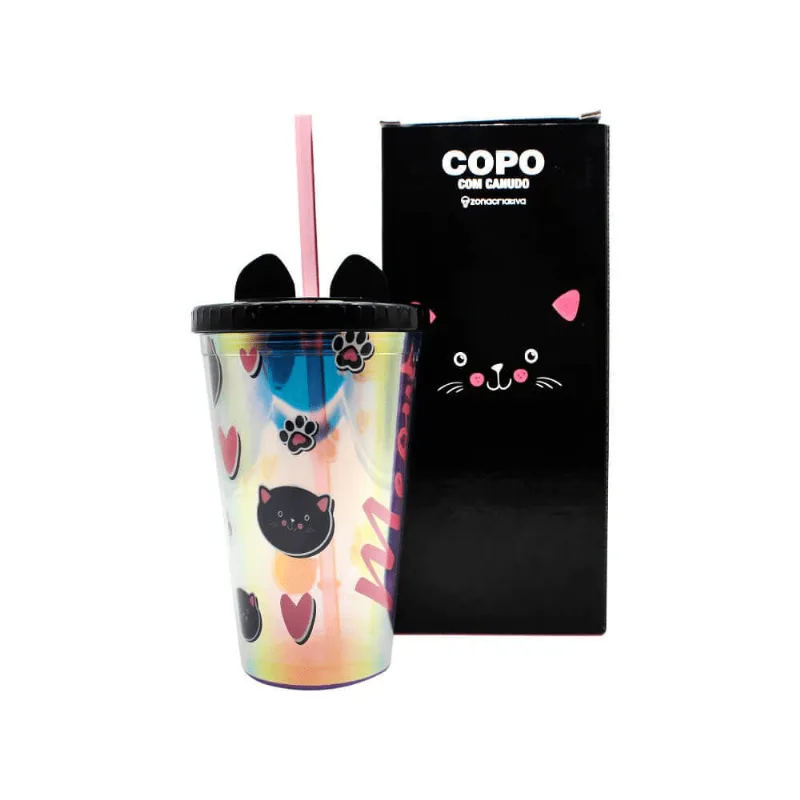 Copo com canudo Gato 500 ml Prata com orelhas